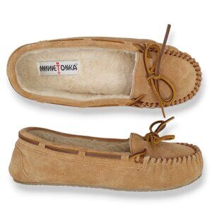 Minnetonka Moccasin Slippers Shoes Suede Tan Size 10 Slip On Faux Fur Lined